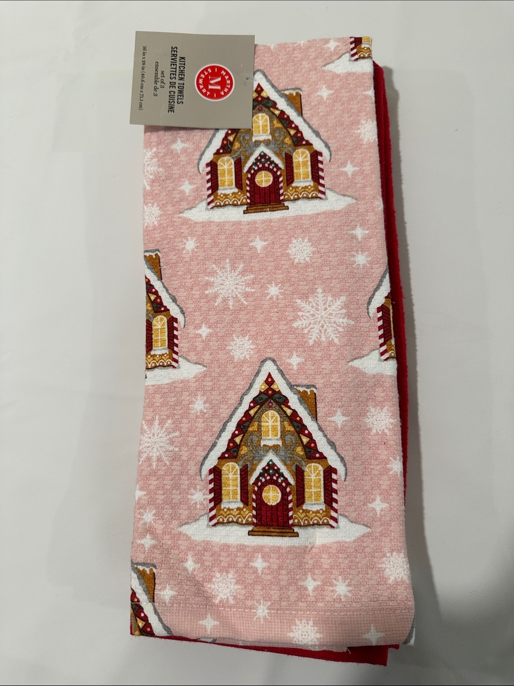 NWT Pink Christmas Holiday towels kitchen bathroom gingerbread house pink red
